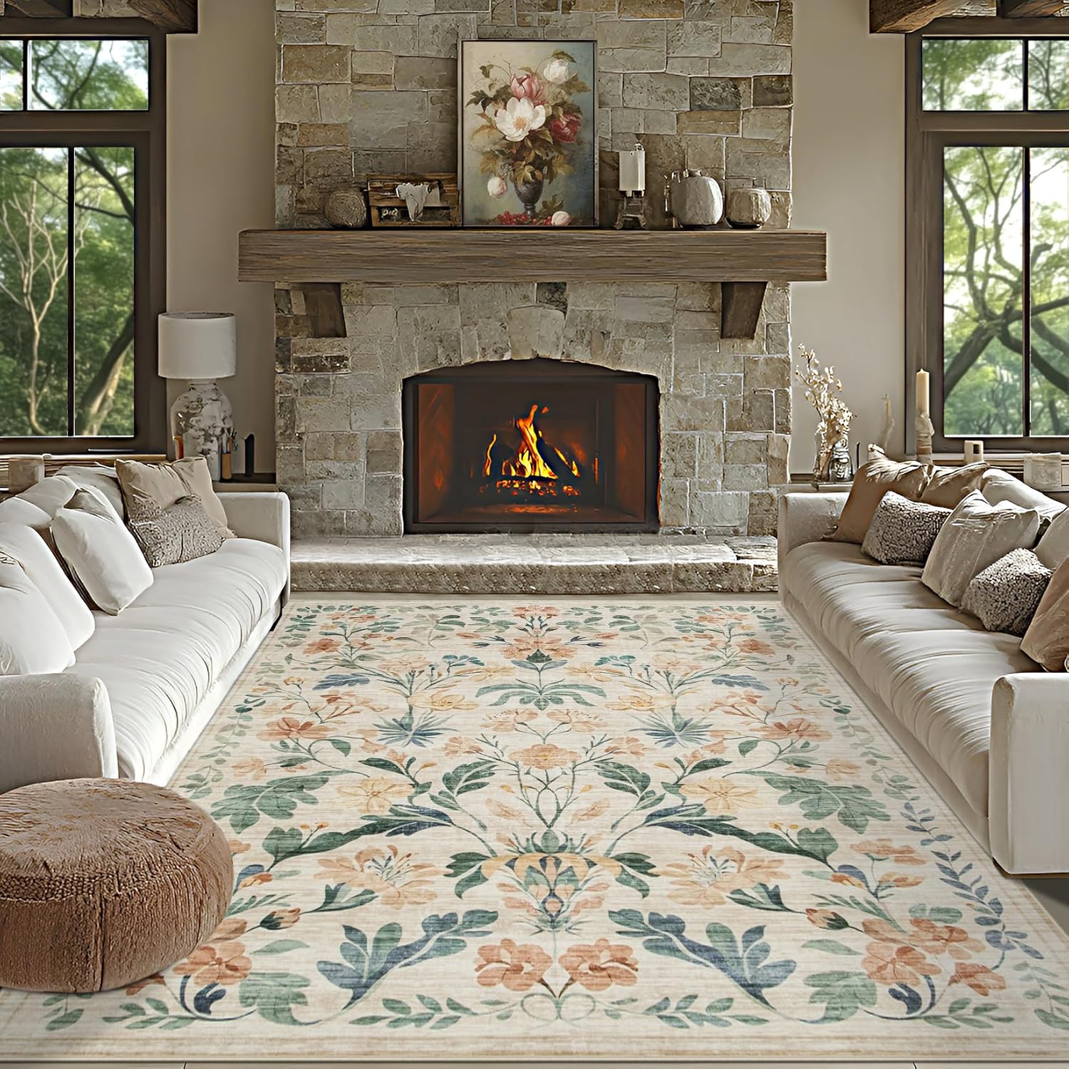 Neutral Boho Washable Area Rug